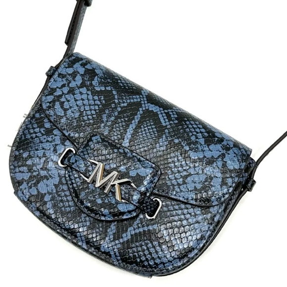 Michael Kors Small Reed Leather Saddle Crossbody Bag Snakeskin Denim - Picture 1 of 11
